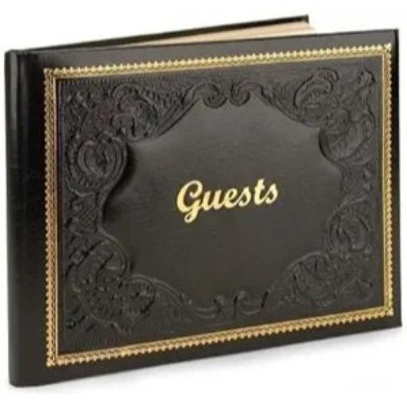 Guest Book Leather Bound Black Gold Embossed Border Italian (8.5" x 10.5") NEW - Picture 7 of 7
